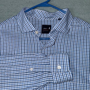 Men's johnnie-O Performance Button Down Shirt Size LT Blue White Gingham Stretch